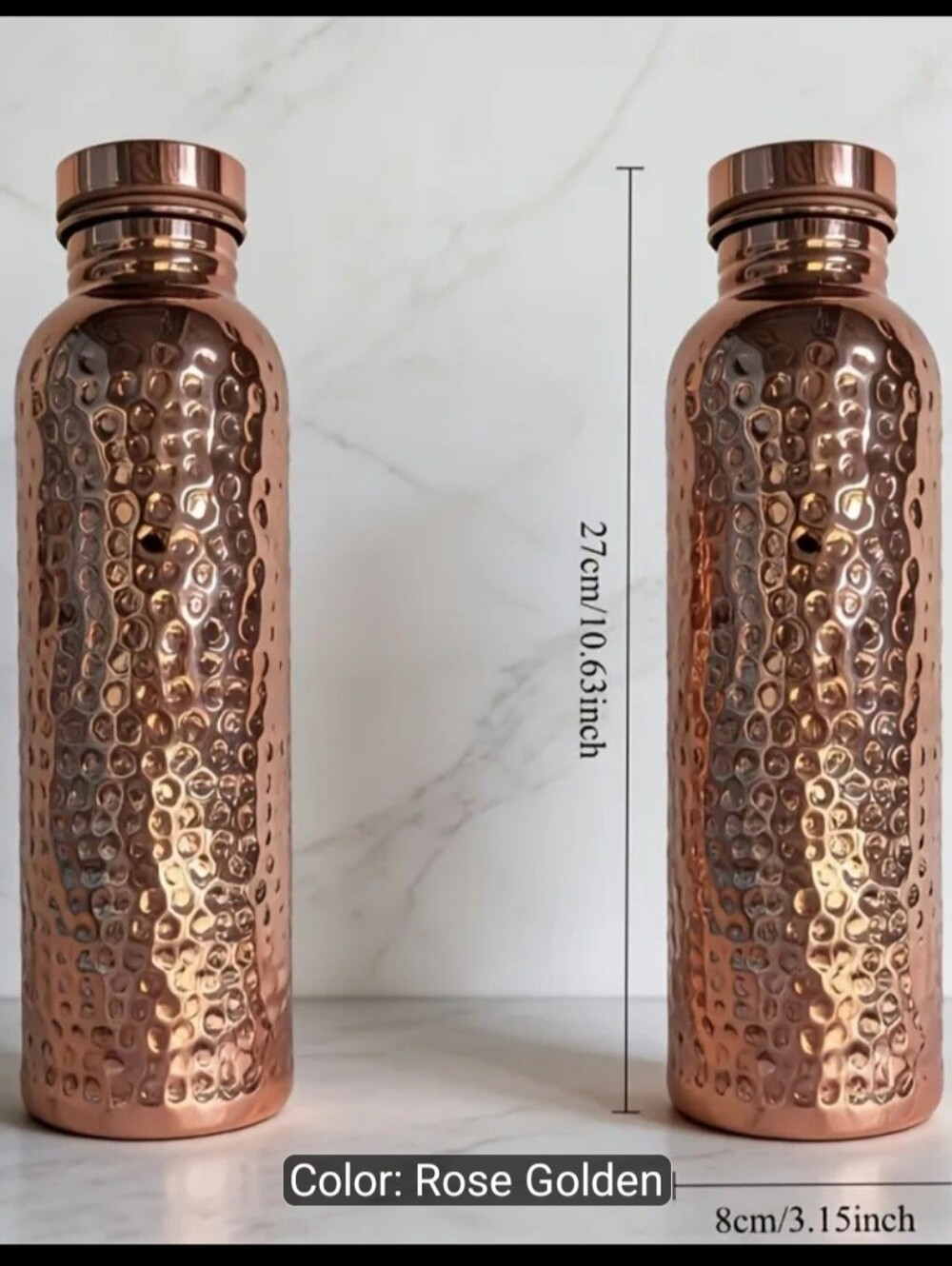 Elegant Rose Golden Hammered Copper Over Stainless steel Water Bottle -